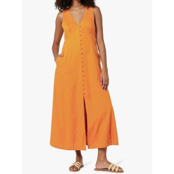 The Drop Blanca Linen Maxi Dress Womens 4X Button-Front V-Neck Golden Orange New - Picture 11 of 13